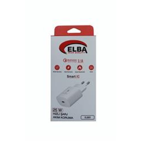 Elba ELB01-25WPD Beyaz 25W Şarj Kafa Type USB-C PD3.0-QC4.0(Akım Koruma-Hızlı Şarj-Isıya Dayanıklı)