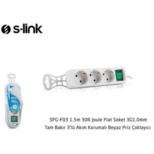 S-link SPG-F03 1.5m 306 Joule Flat Soket 3G1.0mm Tam Bakır 3 lü Akım Korumalı Priz Çoklayıcı