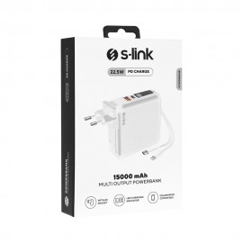 S-link G150 15000mAh Lightning+Type-C Kablolu Powerbank Beyaz PD22.5W LCD AC Prizli  Pil Şarj Cihazı