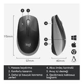 Logitech 910-005922 M191 Mid Grey Büyük Boy Kablosuz Mouse Optik 1000 Dpı Buton