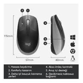 Logitech 910-005922 M191 Mid Grey Büyük Boy Kablosuz Mouse Optik 1000 Dpı Buton