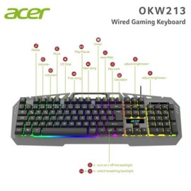 Acer OKW213 Gri RGB Rainbow Backlit Gaming Keyboard Rainbow (Kablo Uzunluğu 1,5mt)