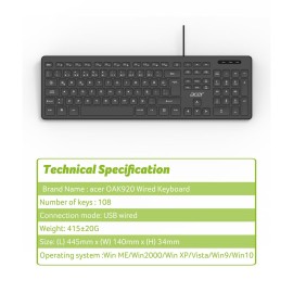 Acer OAK920 Q Usb SİYAH 1.8mt  Kablolu Klavye-Tek Tuş Hesap Makinalı (Sessiz Tuş) 