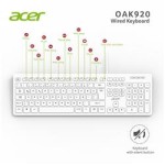 Acer OAK920 Q Usb Beyaz 1.8mt Kablolu Klavye-Tek Tuş Hesap Makinalı (Sessiz Tuş) 