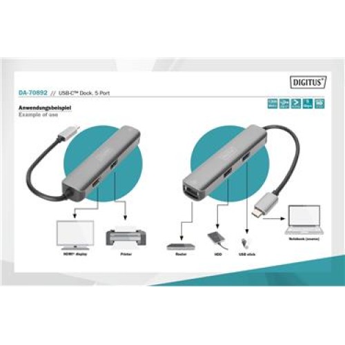 Digitus DA-70892 USB Tip C Docking , 5 Port 1 xHDMI port 1x USB-C™ 3x USB 3.0 port 1x10-100-1000 