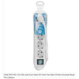 S-link SPG-F05 1.5m 306 Joule Euro Soket 3G1.0mm Tam Bakır 5li Akım Korumalı Beyaz Priz Çoklayıcı