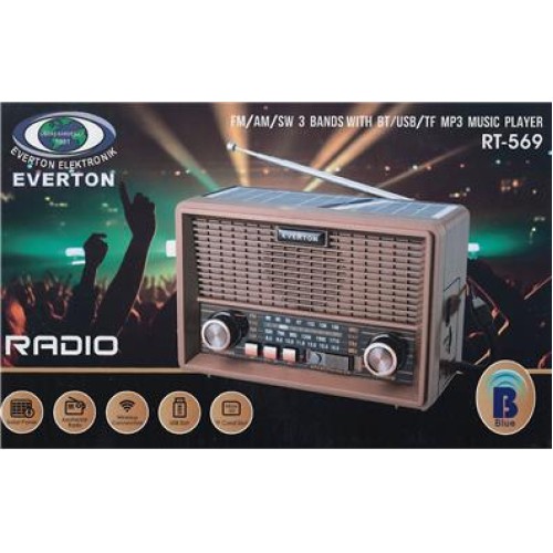 Everton Rt-569  Bluetooth Fm-Usb-Tf-Aux Güneş Enerjili Şarjlı Nostaljik Radyo