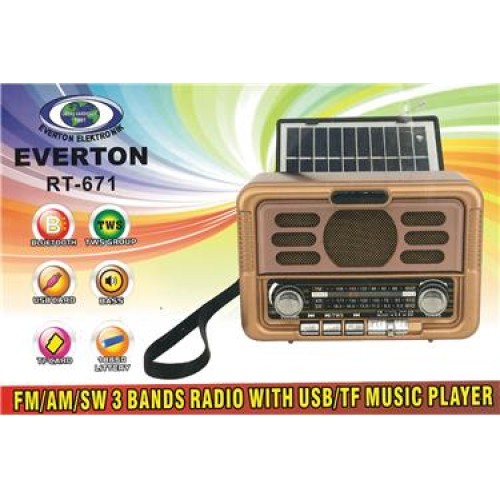 Everton Rt-671 Bluetooth Fm-Usb-Tf-Aux Şarjlı Solar Nostaljik Radyo Güneş Panelli
