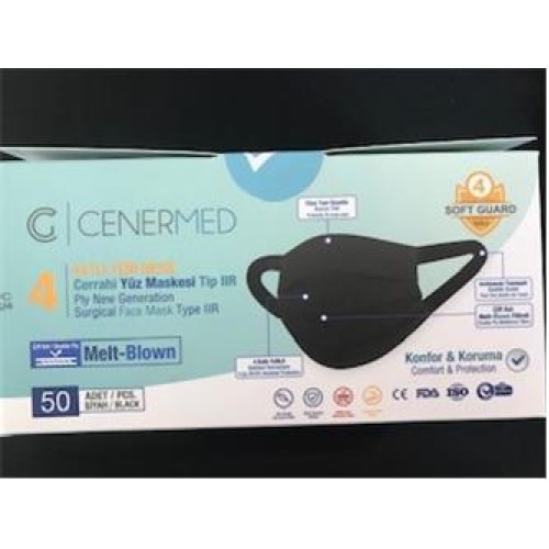 Cenermed Siyah 4 Katlı Yumuşak Elastikli Çift Kat Melt-Blown Kutuda 50 Adet