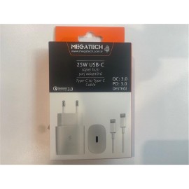 Megatech Mt-25w QC:3.0 PD:3.0 Ev Şarj Kafa+ Type-C To Type-C Şarj Kafası Hızlı Şarj  