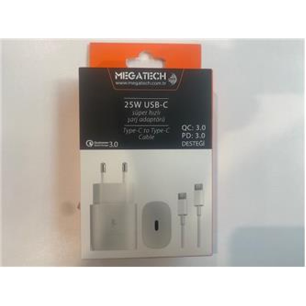 Megatech Mt-25w QC:3.0 PD:3.0 Ev Şarj Kafa+ Type-C To Type-C Şarj Kafası Hızlı Şarj  
