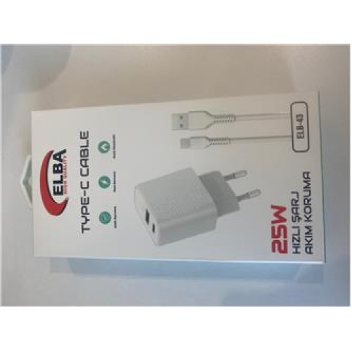 ELBA ELB-43 25W 2li USB Başlık TYPE-C Kablolu Set Hızlı Şarj Akım Koruma