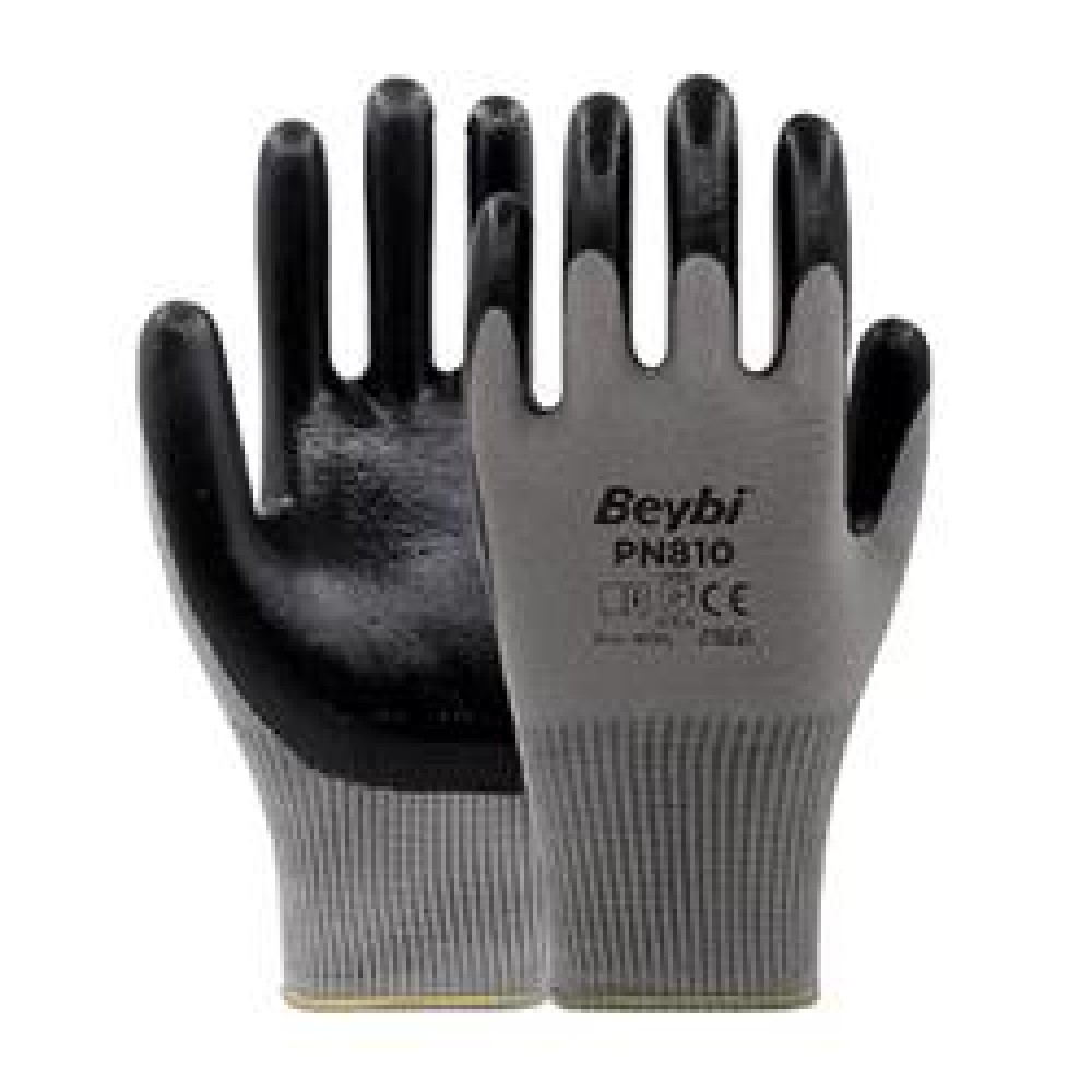 Beybi Nitril Poly Pn810 10 Beden Gri-Siyah 12li Eldiven 