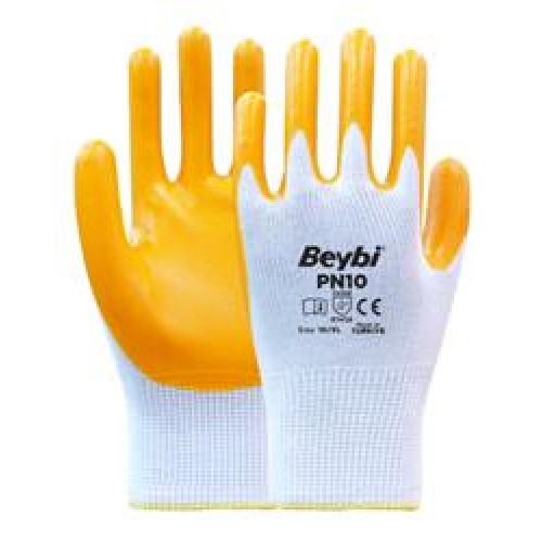 Beybi Nitril PMK PN10 10 Beden 12li Paket Polyester Örme Nitril Eldiven (4141A) Nitril 1-2 Kaplama