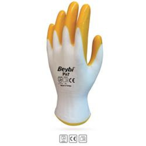 Beybi Nitril Poly PN7 10 Beden Beyaz Sarı  Eldiven 12li Paket