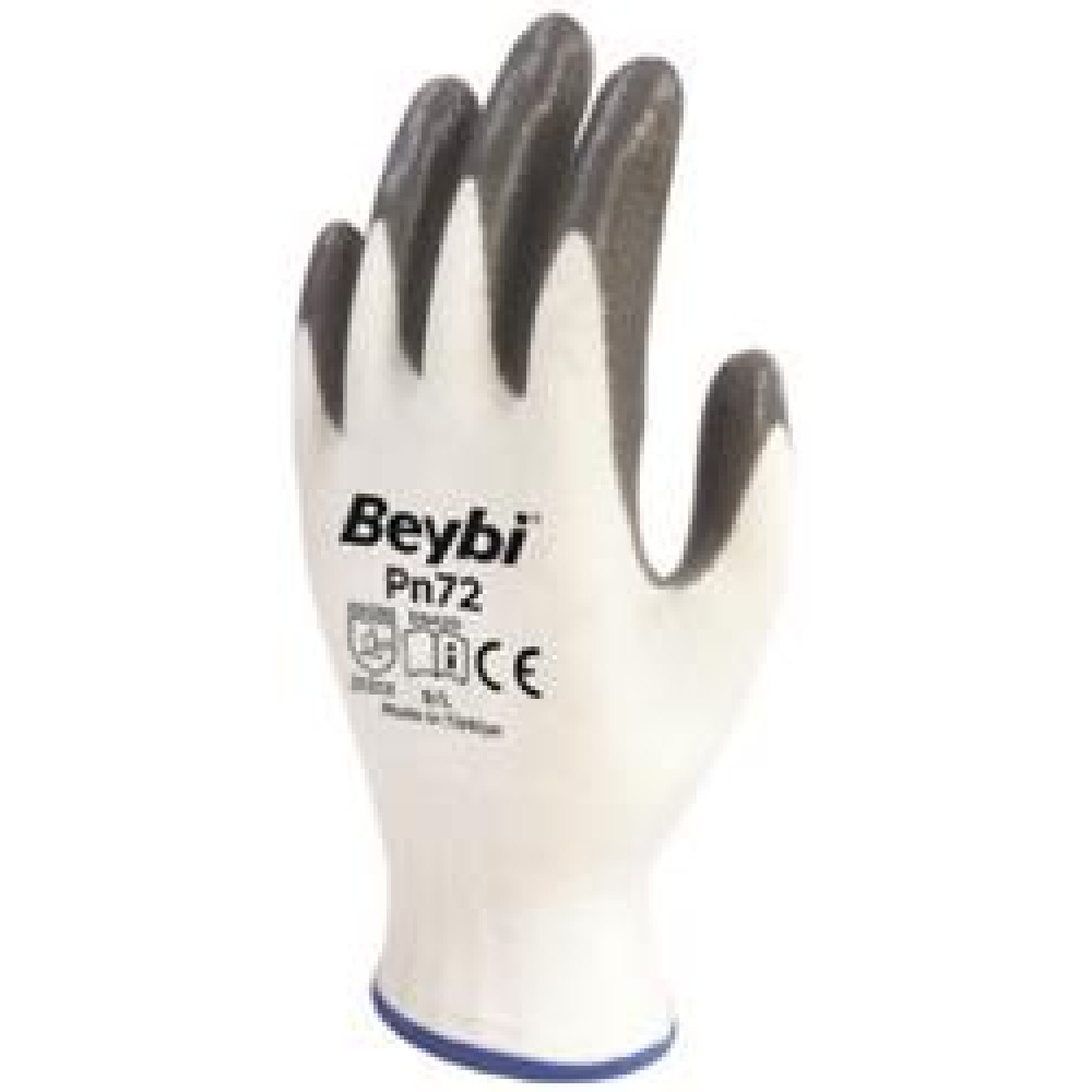 Beybi Nitril Poly PN72 9 Beden Beyaz Gri Eldiven 12li Paket