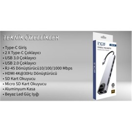 Inca ITPC-7T Type-C Giriş 2XType-C Çoklayıcı RJ-45 HDMI 4K@30 USB 3.0 Çoklayıcı Micro SD Kart 