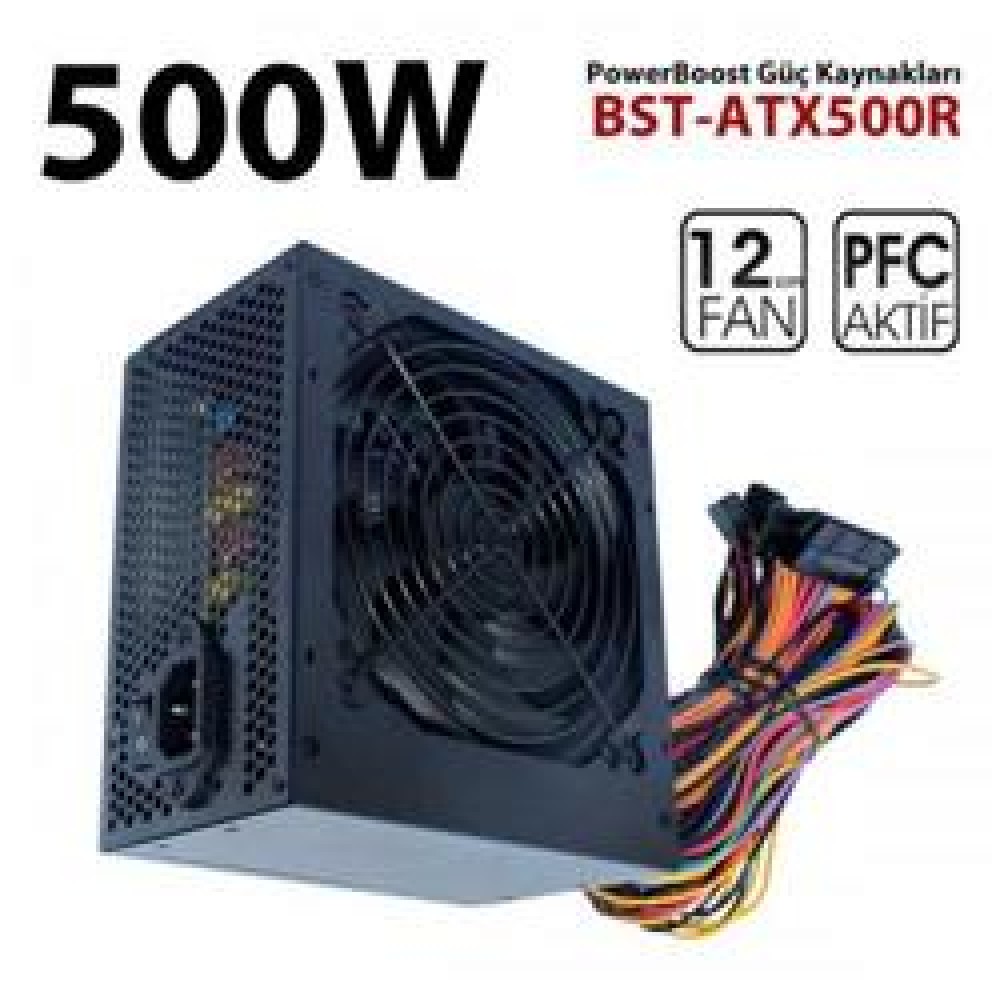 PowerBoost PB500AR 500W APFC 2-PCI-E 6+2 Pin 12cm Siyah Fanlı ATX Power Supply 