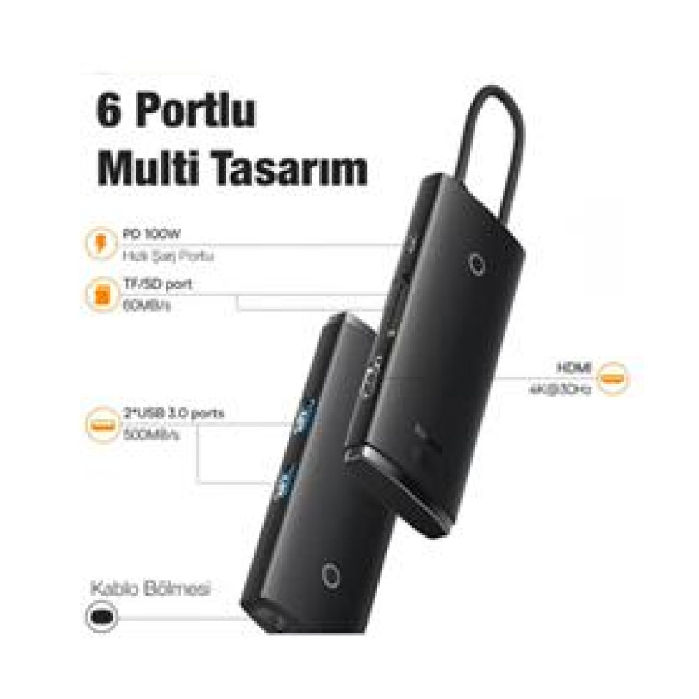 Baseus WKQX050101 Örgülü Kablo Type-C 6ın1 Hub (2Usb 3.0 -Hdmı-Sd-TF-Type-C)