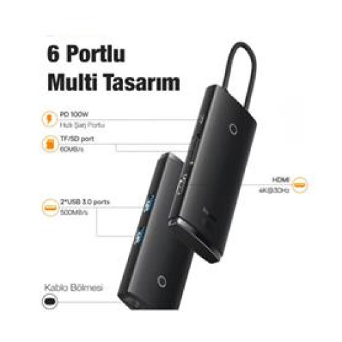 Baseus WKQX050101 Örgülü Kablo Type-C 6ın1 Hub (2Usb 3.0 -Hdmı-Sd-TF-Type-C)