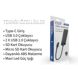 Inca ITPC-5T  Type-C Giriş 2XUSB Sd-Micro Sd2.0 Çoklayıcı USB 3.0 Çoklayıcı Çevirici Mavi Led 