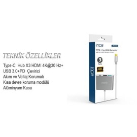 Inca ITPC-04TX Type-c Hub HDMI 4K@30hz USB3.0+PD100W Akım ve Voltaj Korumalı Alüminyum Çoklayıcı